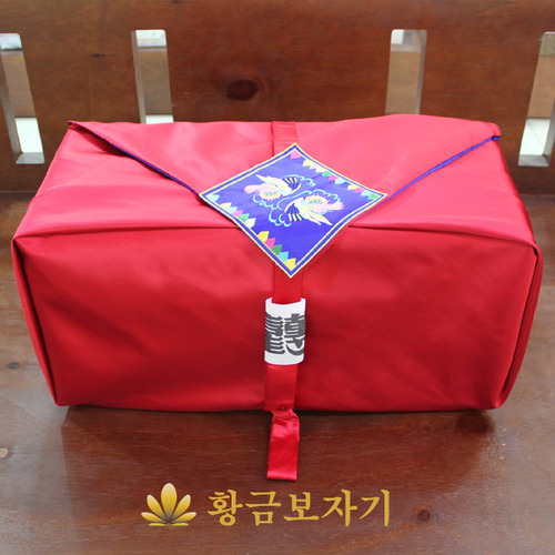 (봉채함 신랑함상자 포장 소품)  원앙자수 공단 청홍겹 함보자기(대 150X150)