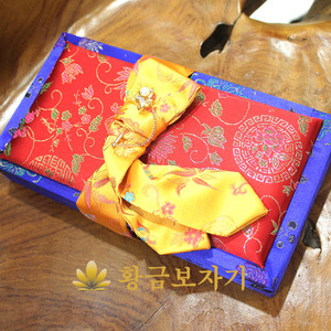 [선물/예단용수저 포장재료패키지]비단함(칠색청홍)+비단여밈끈+황금색 진주핀 3종세트 